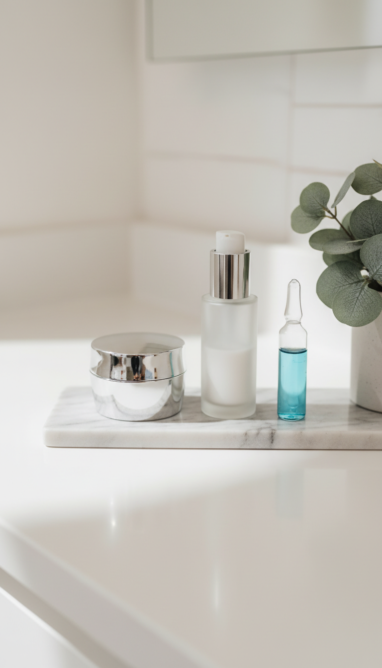 A close-up of premium skincare products presented on a marble tray, including a frosted glass serum bottle with a brushed aluminum pump, a gleaming silver jar of night cream, and a translucent ampoule with a sky-blue tint. Positioned on a seamless, matte white counter adjacent to a potted eucalyptus plant, the setting blends clinical precision with subtle organic elements. Soft, diffused studio lighting creates gentle shadows and highlights the flawless surfaces of each product. The mood is serene, refined, and inviting, evoking trust and purity. Captured from a slightly elevated angle with a tight composition, the focus remains sharp on the products while the background fades into a creamy blur. The style is minimalist and clean, complementing the medical spa atmosphere.