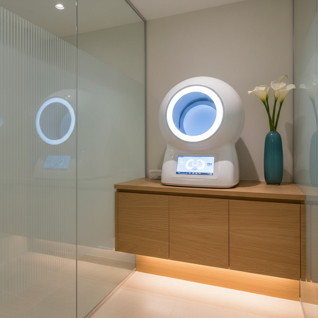 A state-of-the-art skin analysis station featuring a Vizia analyzer with a gleaming white shell, circular touch interface, and illuminated diagnostic screen, set on a custom-built light oak vanity. The environment is a private corner of the spa, partitioned with frosted glass panels and accented by a teal ceramic vase holding fresh white lilies. Gentle ambient lighting, enhanced by soft LED under-cabinet illumination, bathes the station in a calming, even glow, highlighting the seamless integration of technology and tranquility. The overall mood is composed and sophisticated. The composition uses a rule of thirds framework from a front-facing, slightly oblique perspective, with a modern, photorealistic style that underscores the spa’s dedication to cutting-edge analysis.